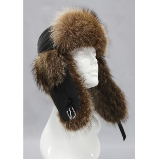Bilodeau - Aviator hat, natural raccoon fur and black leather